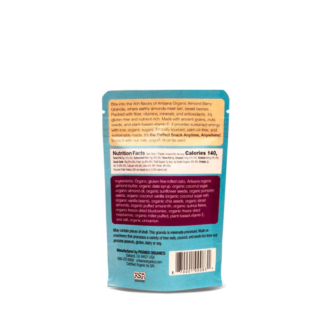 back label of Almond Granola snack pouch with nutritional information and ingredients.