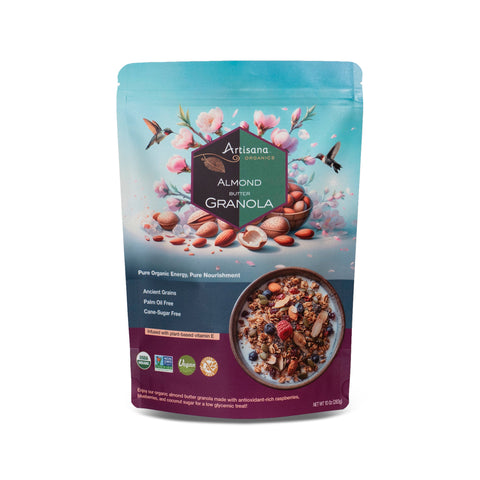 Artisana Organics Almond Granola in a 10oz bag. View of the front.