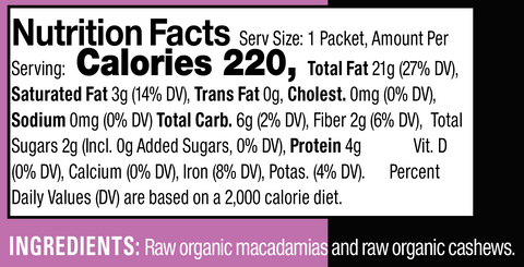 Nutrition Facts & Ingredients label for Mac Cashew Butter