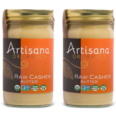 2 pack of Raw Organic Cashew Butter in 14oz glass jars.