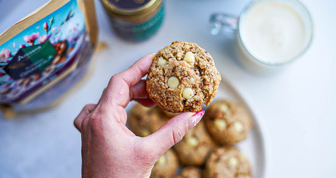 A strawberry almond white chocolate cookie