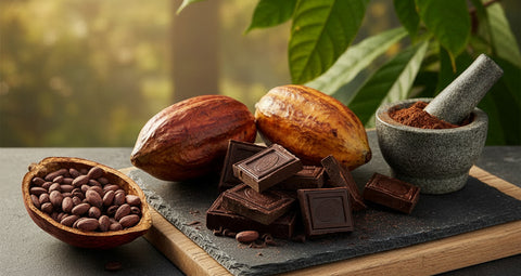 Cacao pods, beans, and chocolate in front of a natural background of green plants.