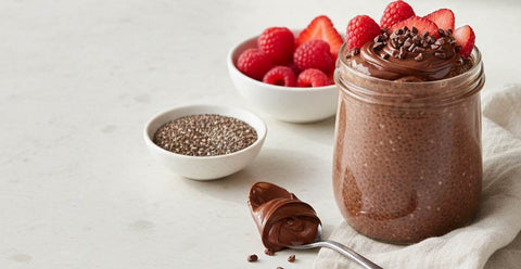 A cup of chia pudding on a white background with berries.