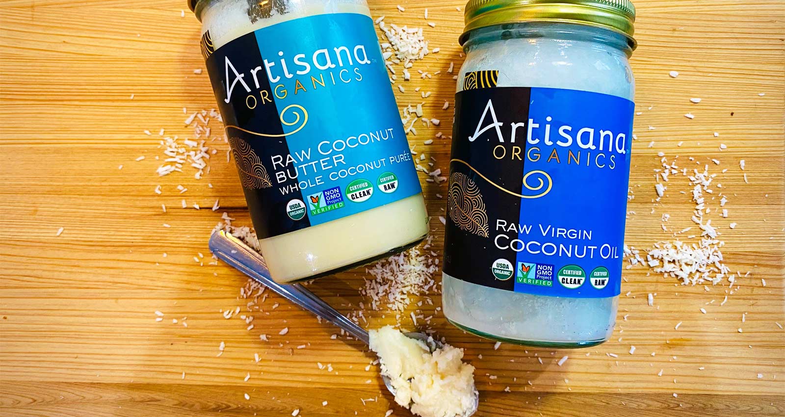 Jars of Raw Coconut Butter and Raw Virgin Coconut Oil