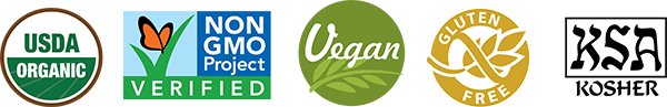 Collection of certification logos including USDA Organic, Non-GMO Project Verified, Vegan, Gluten Free, and KSA Kosher.