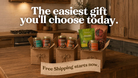 boxes with nut butter, granola, and pistachio pouches.