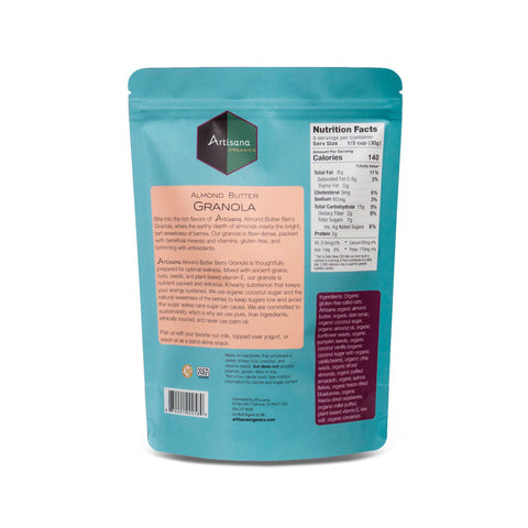 Artisana Organics Almond Granola 10oz bag back label.