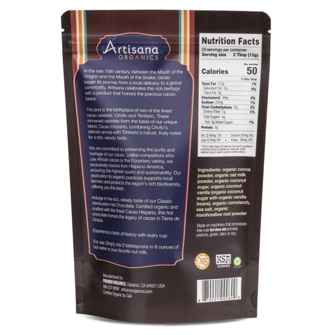 Classic Venezuelan Hot Chocolate back label with nutritional information and description.