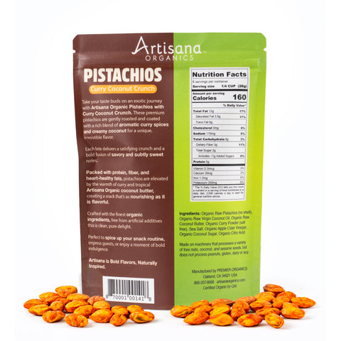 Artisana Organics Pistachios with Curry Coconut Crunch packaging on a white background