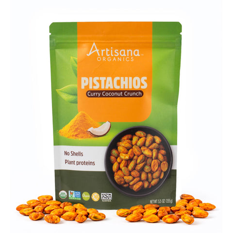 Artisana Organics Pistachios Curry Coconut Crunch packaging with pistachios on a white background