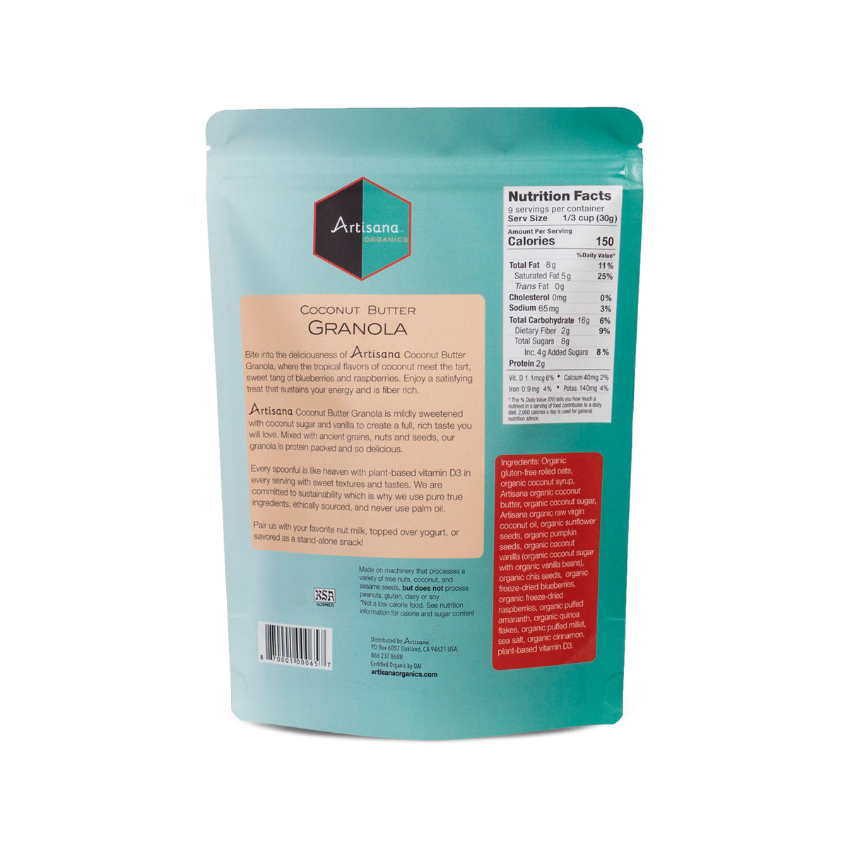 Back label of Artisana Organics Walnut Granola 10oz pouch.