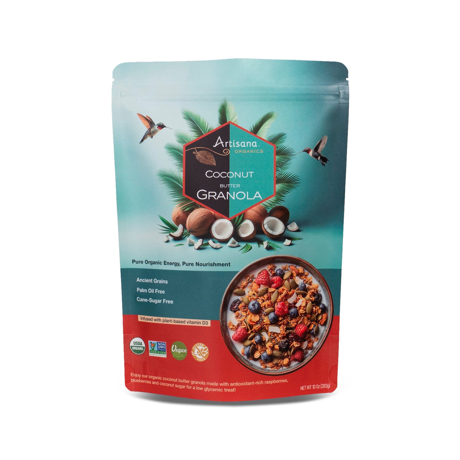 Artisana Organics Coconut Granola 10oz pouch front view.