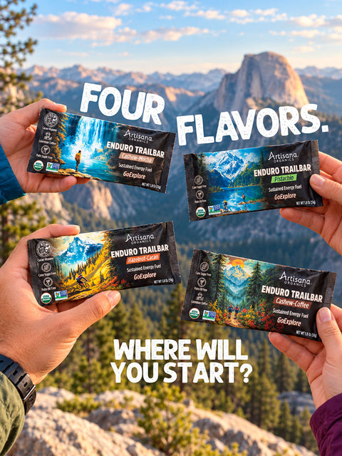 Four hands hold Artisans Naturals Enduro Trailbars in different scenic mountain flavors against a backdrop of Half Dome in Yosemite National Park. The image features text overlays reading 'FOUR FLAVORS.