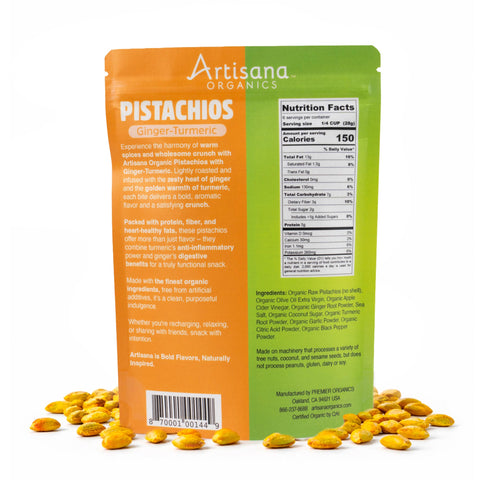 The back of Ginger Turmeric Pistachios pouch with nutrition label and ingredients listed on a white background.