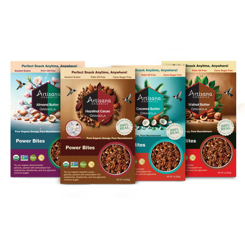 Four Artisana snack packages on a white background: Almond, Hazelnut, Coconut, and Walnut.