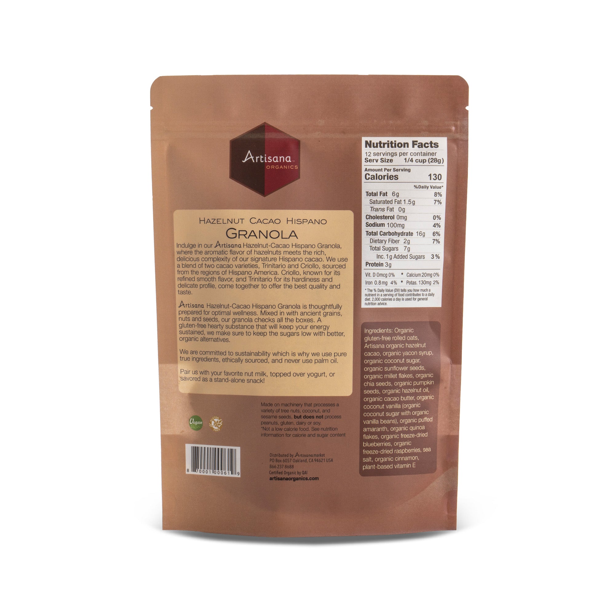 Back label of Hazelnut Cacao  Granola with Nutrition Facts and description