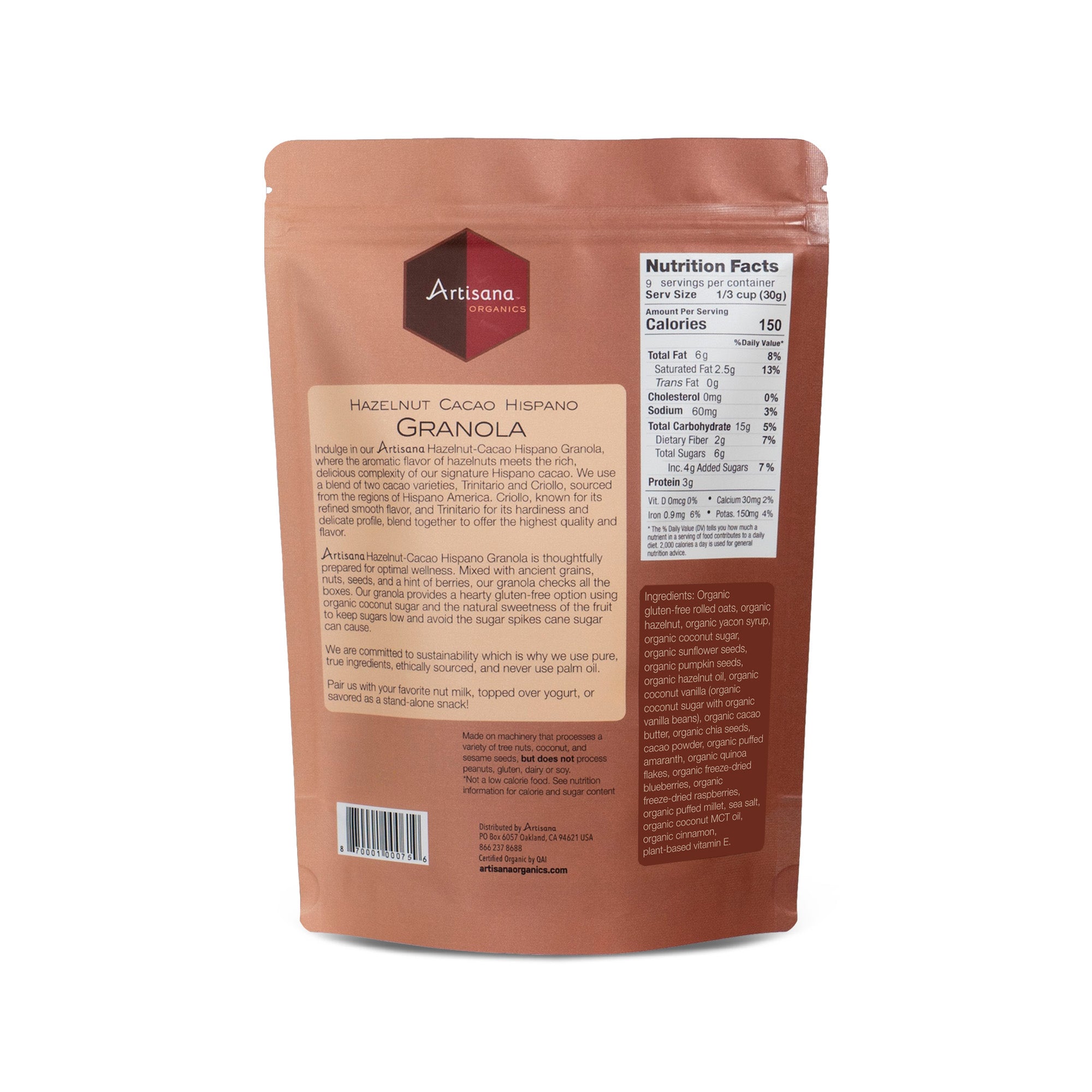 Back label of Artisana Organics Walnut Granola 10oz pouch.