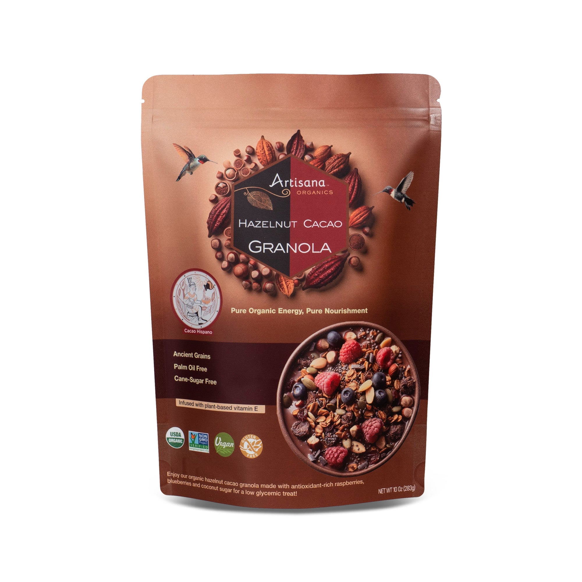 Artisana Organics Hazelnut Cacao 10oz bag, front of bag.