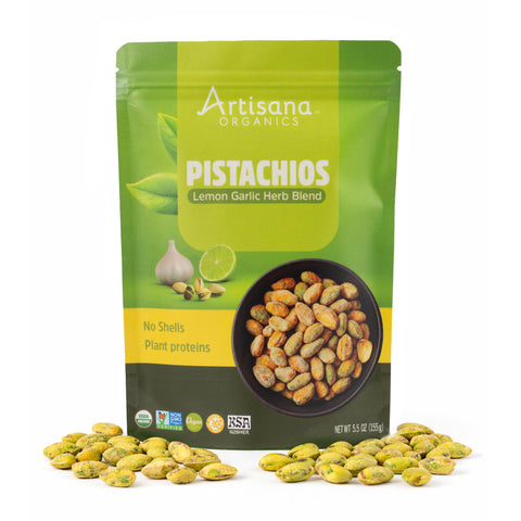 Lemon Garlic Herb Pistachios in a green 10oz pouch on a white background.