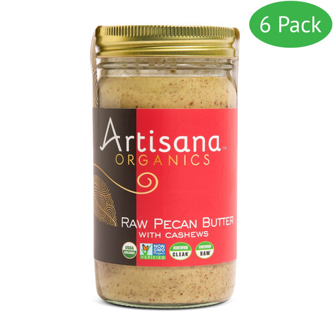 14oz jar of Artisana Pecan Butter with a graphic overlay indicating this is a 6 Pack.