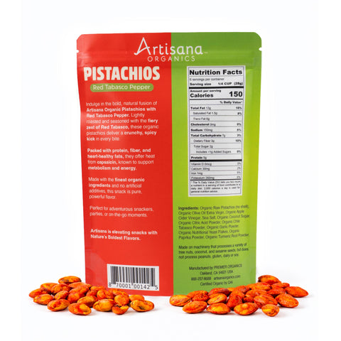 Artisana Organics pistachios packaging with red and green color scheme, showing nutrition facts.