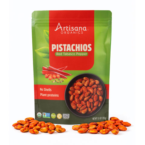 Artisana Organics Red Tabasco Pepper Pistachios packaging with pistachios on a white background.