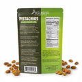 Artisana Organics Pistachios Smoky Chipotle-Lime packaging back label with ingredients, nutritional info, and about info.