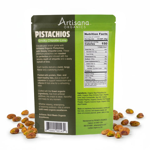 Artisana Organics Pistachios Smoky Chipotle-Lime packaging back label with ingredients, nutritional info, and about info.