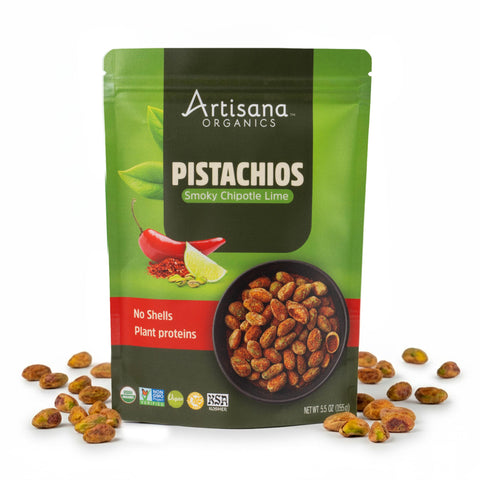 Artisana Organics Smoky Chipotle Lime Pistachios packaging with pistachios around on a white background