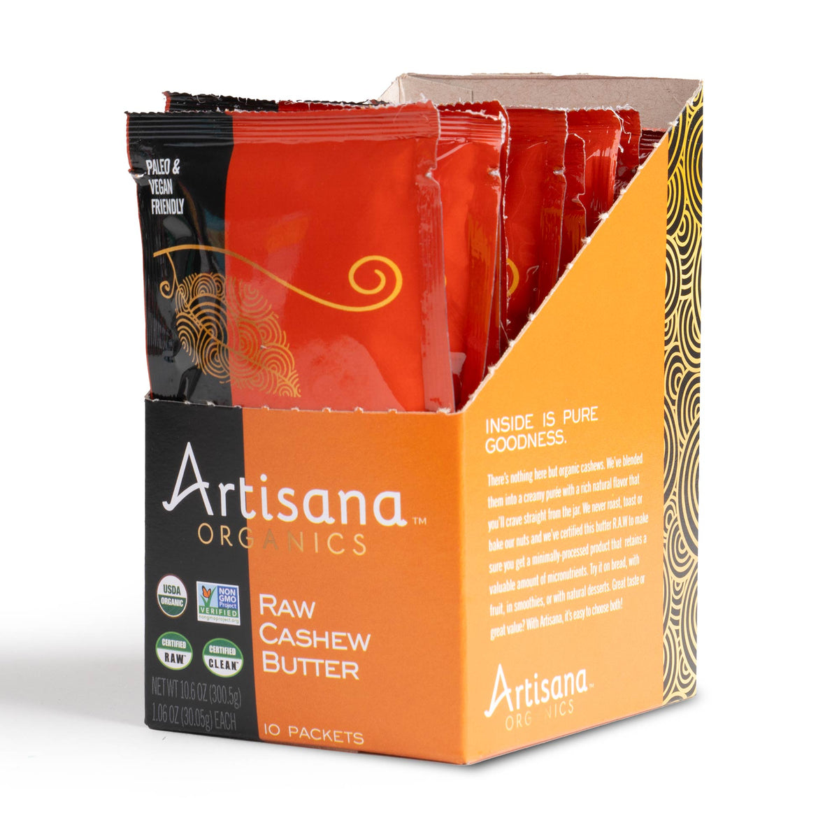 Box of Artisana Raw Cashew Butter snack pouches ona white background.