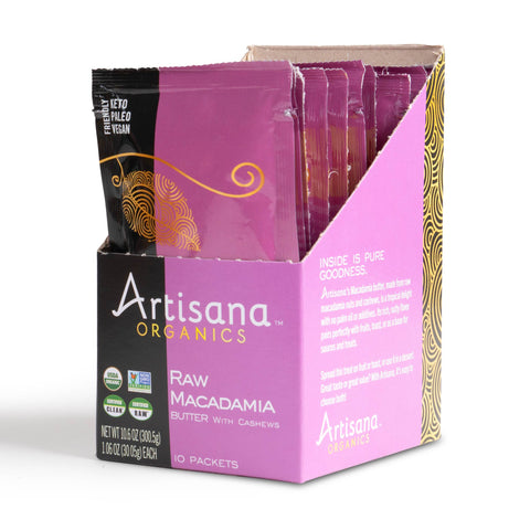 A box of 10 Macadamia Cashew Butter snack pouches by Artisana Organics