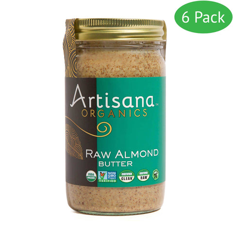 6 Pack of Organic Raw Almond Butter in 14oz glass jars.