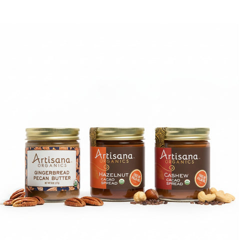 Three jars of Artisana Organics spreads with their respective labels on a white background.