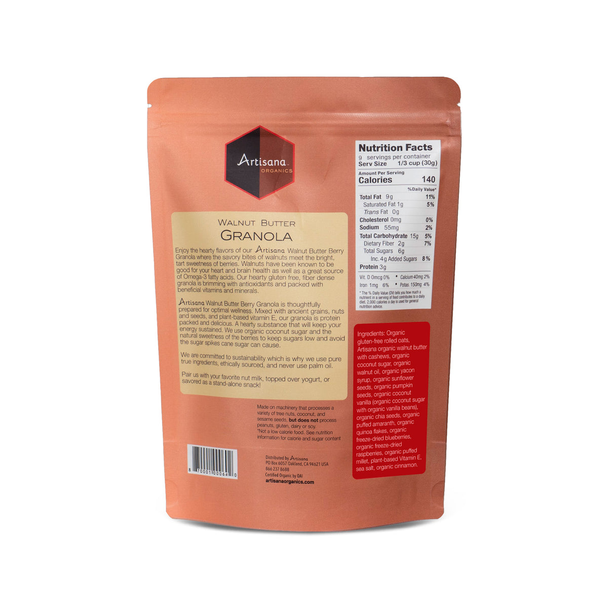 Back of Artisana Organics Walnut Granola 10oz pouch. 