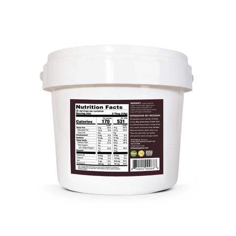 4lb Hazelnut Cacao Spread pail with  nutrition facts label on a white background.