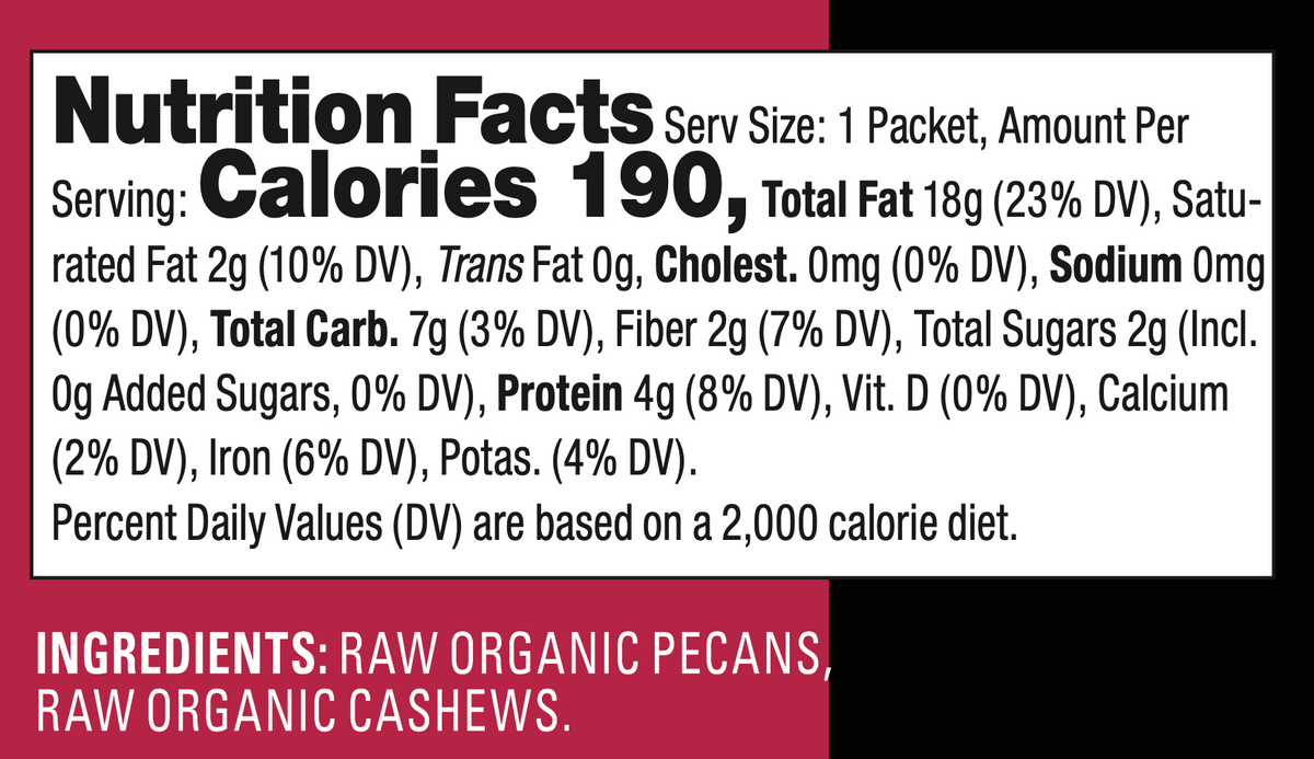 Nutrition Facts & Ingredients label for Pecan Cashew Butter