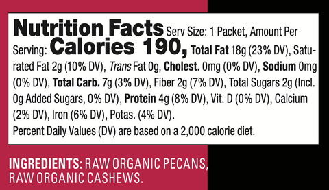 Nutrition Facts & Ingredients label for Pecan Cashew Butter