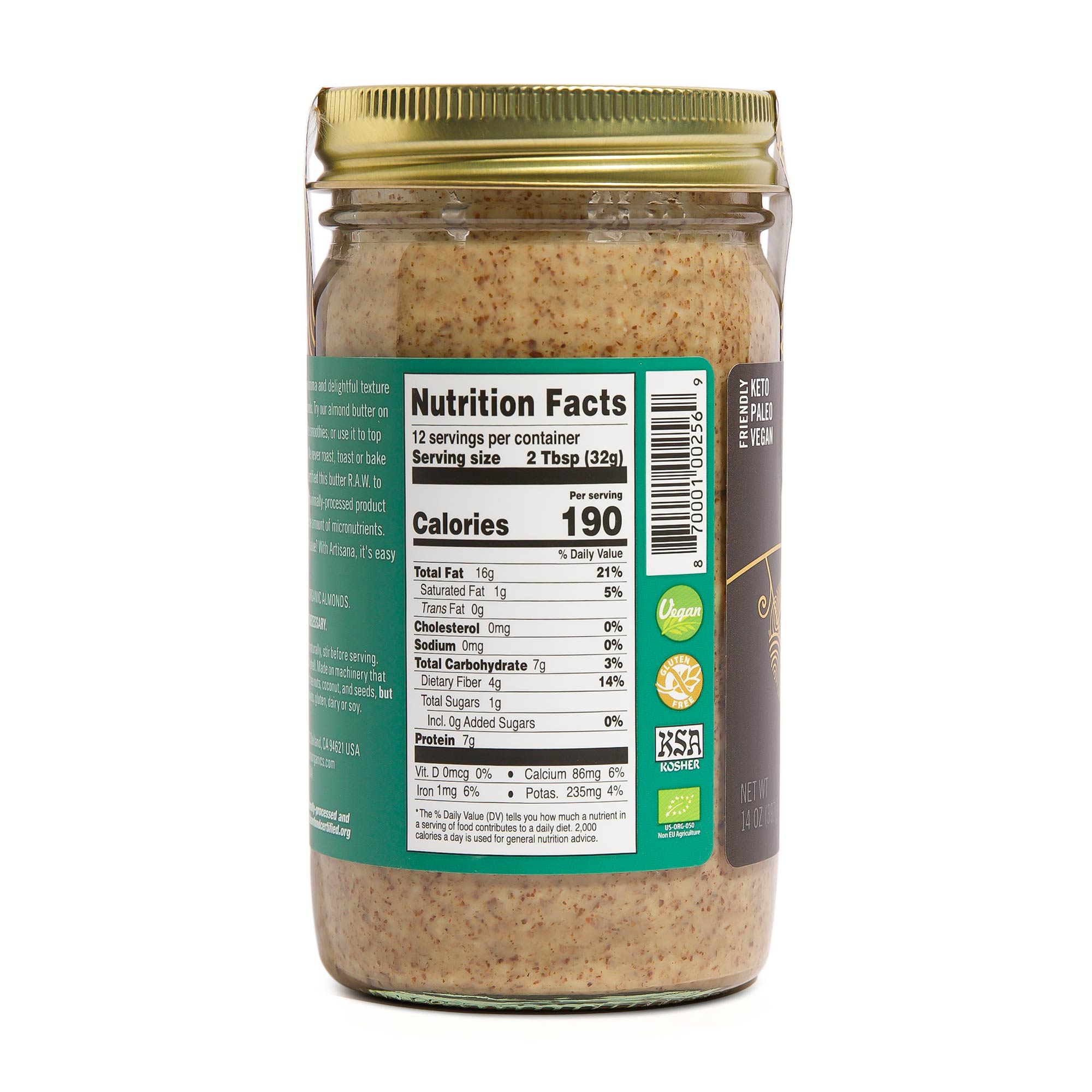 Back side of jar with Nutrition Facts label. 190 calories per serving (two tablespoons).