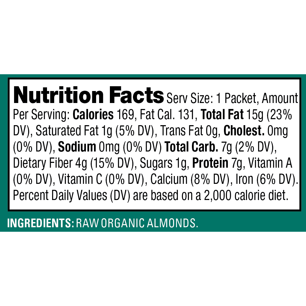 Nutrition facts panel for the Artisana Organic Almond Butter Pouch