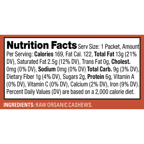 Nutrition facts panel for the Artisana Organic Cashew Butter Pouch